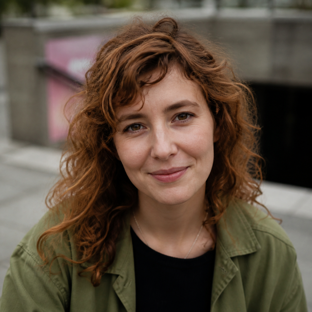 Mara Klein near a concrete Berlin transit entrance