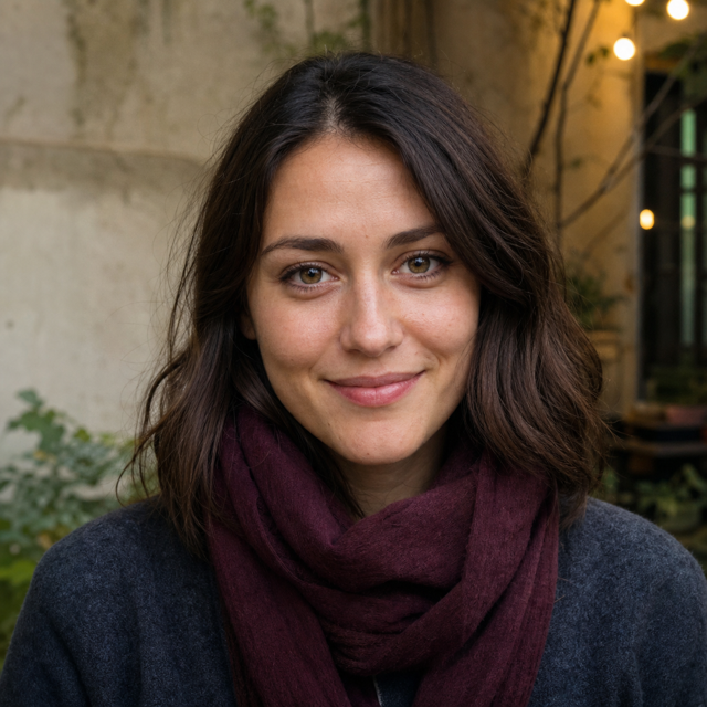 Sophie Weber in a softly lit Berlin courtyard